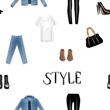 Vector realism pattern with hand drawn realism illustrations modern look jeans Stock Illustration