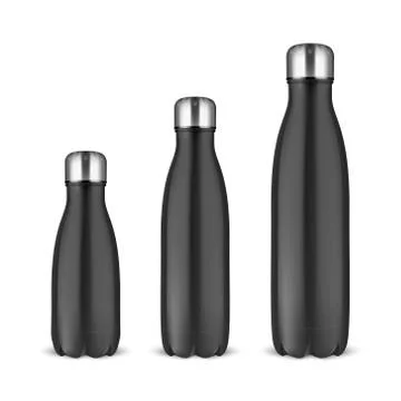 Vector Realistic 3d Black Empty Glossy Metal Reusable Water Bottle Set with Stock Illustration