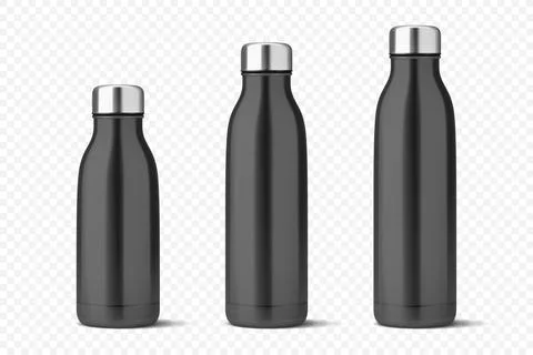 Vector Realistic 3d Black Empty Glossy Metal Reusable Water Bottle with Silver Stock Illustration