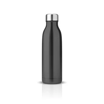 Vector Realistic 3d Black Empty Glossy Metal Reusable Water Bottle with Silver Illustrazione stock