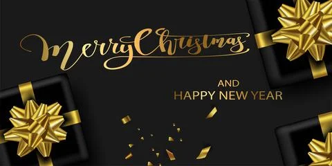 Vector. Realistic 3d black gift boxes with gold bow, confetti. View from above Stock Illustration