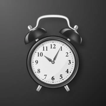 Vector Realistic 3d Black Retro Alarm Clock Closeup on Black Background. Design Stock Illustration