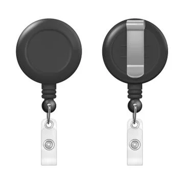 Vector realistic 3d black round reel holder clip for graphic Id Card badge set Stock Illustration