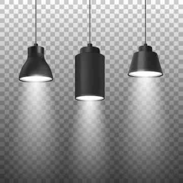 Vector Realistic 3d Black Spotlights or Hang Ceiling Lamp Set on Rope Closeup Illustrazione stock