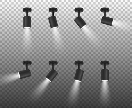 Vector Realistic 3d Black Spotlights Set in Different Slopes Closeup Isolated on Illustrazione stock