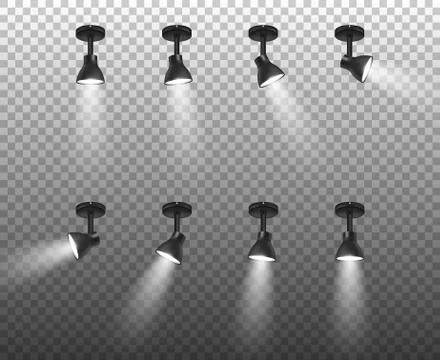 Vector Realistic 3d Black Spotlights Set in Different Slopes Closeup Isolated on Illustrazione stock