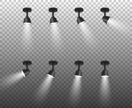 Vector Realistic 3d Black Spotlights Set in Different Slopes Closeup Isolated on Illustrazione stock