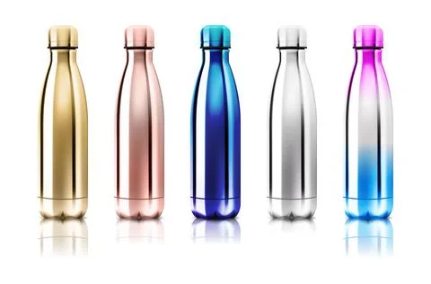 Vector Realistic 3d blue and gold Empty Glossy Metal Reusable Water Bottle with Stock Illustration