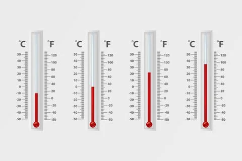 Vector realistic 3d celsius and fahrenheit meteorology, weather thermometer sign Stock Illustration
