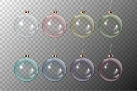Vector Realistic 3d Christmas Transparent Glossy Glass Ball Icon, Mock-up Set Stock Illustration