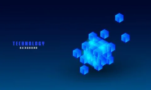 Vector realistic 3d cubes with blue glowing on dark blue background. Stock Illustration