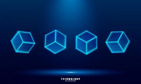 Vector realistic 3d cubes with blue glowing on dark blue background. Stock Illustration