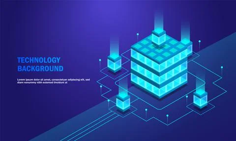 Vector realistic 3d cubes with blue glowing on dark blue background. lock cha Stock Illustration