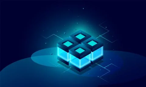 Vector realistic 3d cubes with blue glowing on dark blue background. lock cha Stock Illustration