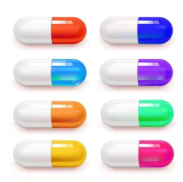 Vector realistic 3d different color medical pill icon set white background. Stock Illustration