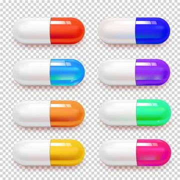 Vector realistic 3d different color medical pill icon set isolated on Stock Illustration