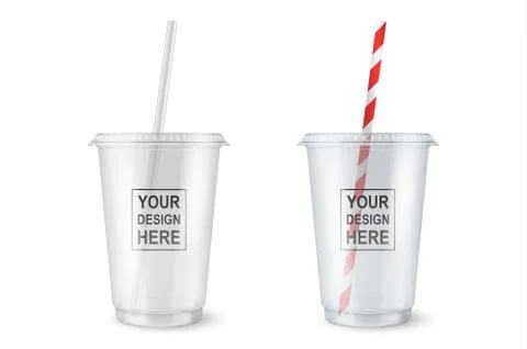 Vector realistic 3d empty clear plastic disposable cup with a straw set closeup Stock Illustration