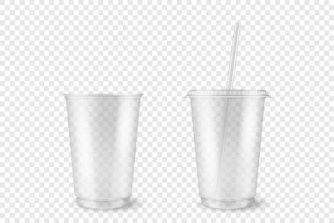 Vector Realistic 3d Empty Clear Plastic Opened, Closed Disposable Cup with Straw Stock Illustration
