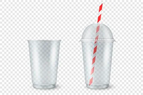 Vector Realistic 3d Empty Clear Plastic Opened, Closed Disposable Cup with Straw Stock Illustration