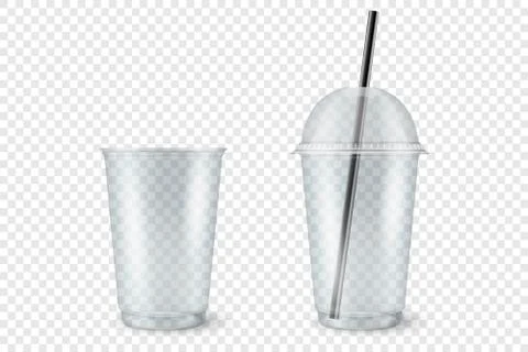 Vector Realistic 3d Empty Clear Plastic Opened, Closed Disposable Cup with Straw Stock Illustration