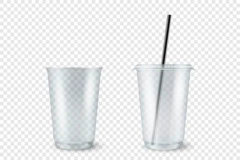 Vector Realistic 3d Empty Clear Plastic Opened, Closed Disposable Cup with Straw Stock Illustration