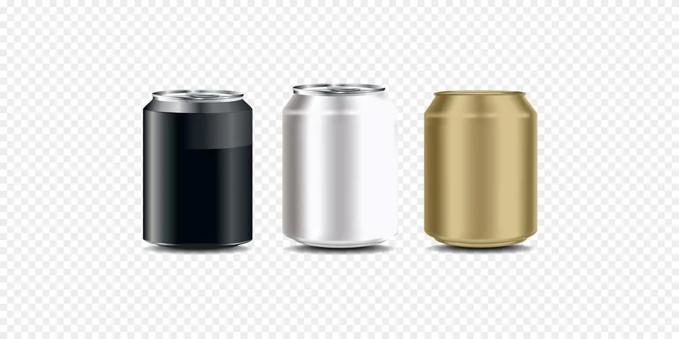 Vector realistic 3d empty glossy metal white, black and silver beer pack or can Stock Illustration