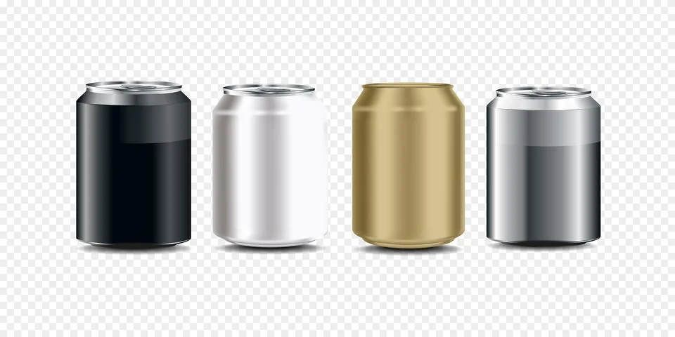 Vector realistic 3d empty glossy metal white, black and silver beer pack or can Stock Illustration