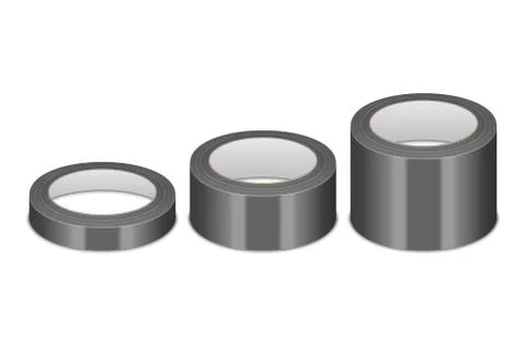 Vector Realistic 3d Glossy Black Tape Roll Different Size - Small, Medium, Big - Stock Illustration