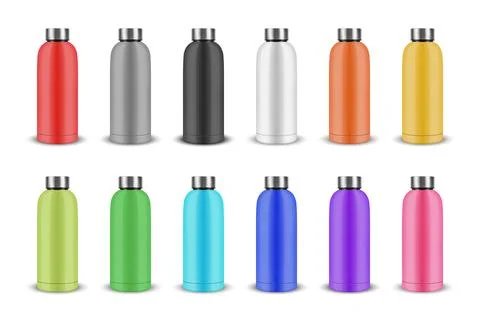 Vector Realistic 3D Metal Blank Glossy Reusable Water Bottle in Different Colors Stock Illustration
