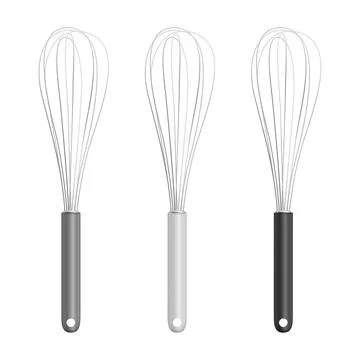 Vector Realistic 3D Metal Wire Steel Whisk with Grey, White, Black Handle Set Illustrazione stock