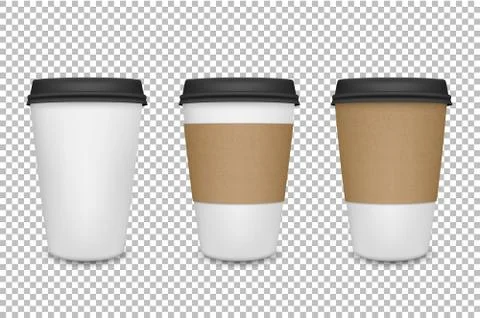 Vector realistic 3d paper coffee cup icon set closeup on transparency grid Stock Illustration