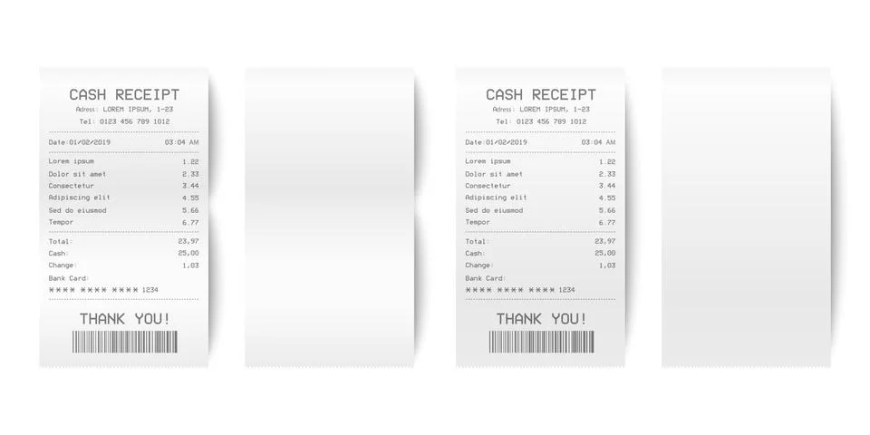 Vector Realistic 3d Paper Printed Sales Shop Receipt Set with Barcode Closeup Stock Illustration