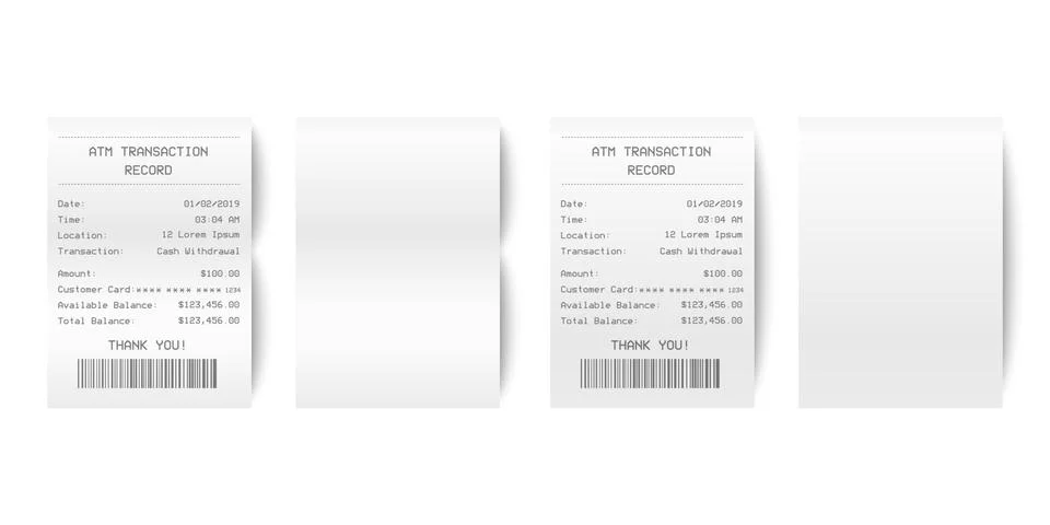 Vector Realistic 3d Paper Printed ATM Transaction Record Receipt Set Closeup Stock Illustration