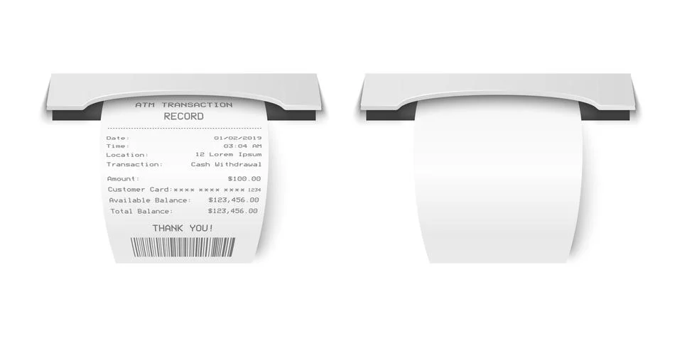 Vector Realistic 3d Paper Printed ATM Transaction Record Receipt Set Closeup Stock Illustration