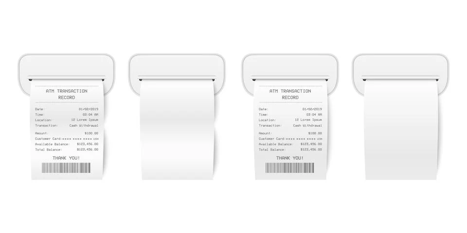 Vector Realistic 3d Paper Printed ATM Transaction Record Receipt with ATM Stock Illustration