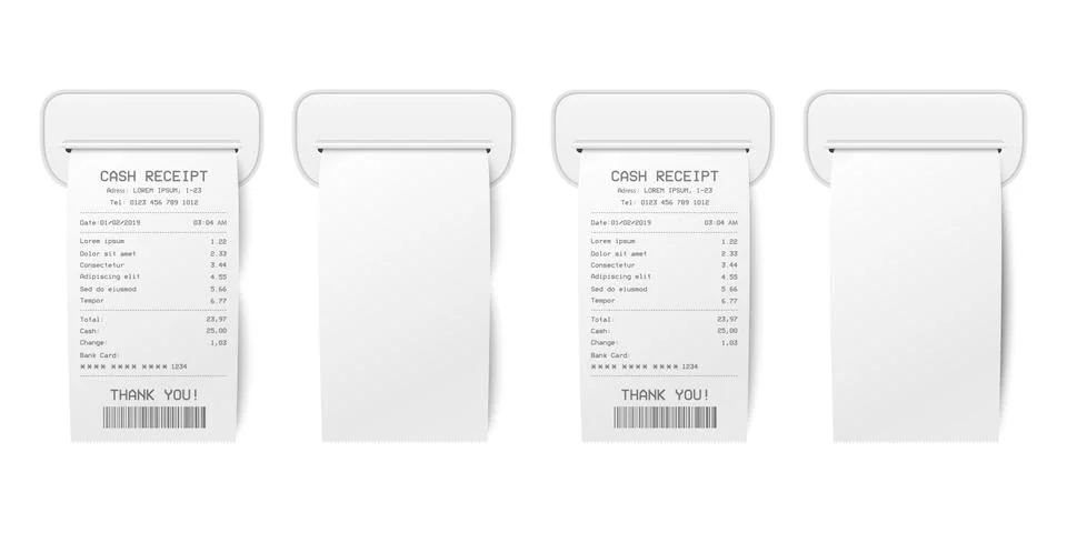 Vector Realistic 3d Paper Printed Sales Shop Receipt Set with Barcode Closeup Stock-Illustration