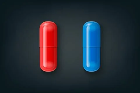 Vector Realistic 3d Red, Blue Medical Pill Closeup Isolated on Black Background Stock Illustration