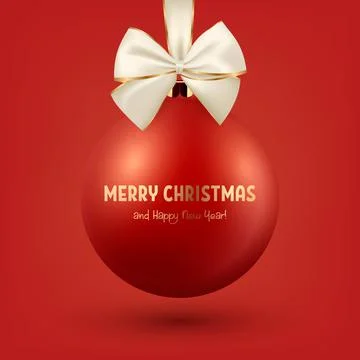 Vector Realistic 3d Red Christmas Glass Ball with White and Golden Silk Bow Stock Illustration