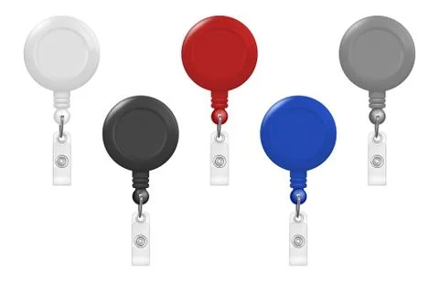 Vector realistic 3d round reel holder clip for graphic Id Card badge set closeup Stock Illustration
