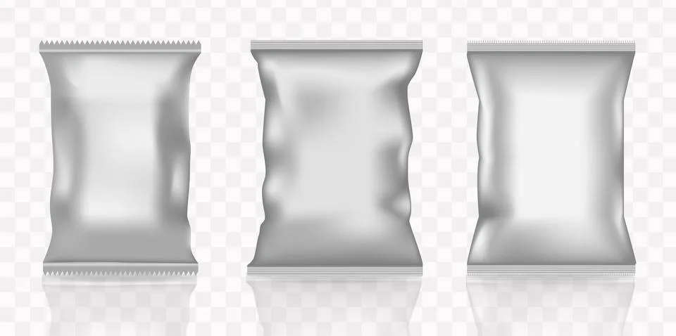 Vector realistic 3d set of white snack or candies sachets. Mock up for product. Stock Illustration