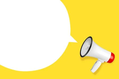 Vector Realistic 3d Simple White Megaphone with Speech Buble on Yellow Stock Illustration