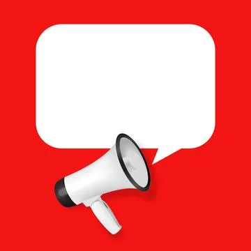 Vector Realistic 3d Simple White Megaphone with Speech Buble on Red Background Illustrazione stock