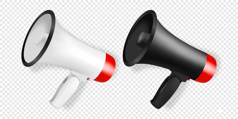 Vector Realistic 3d Simple White and Black Megaphone Icon Set Closeup Isolated Stock Illustration