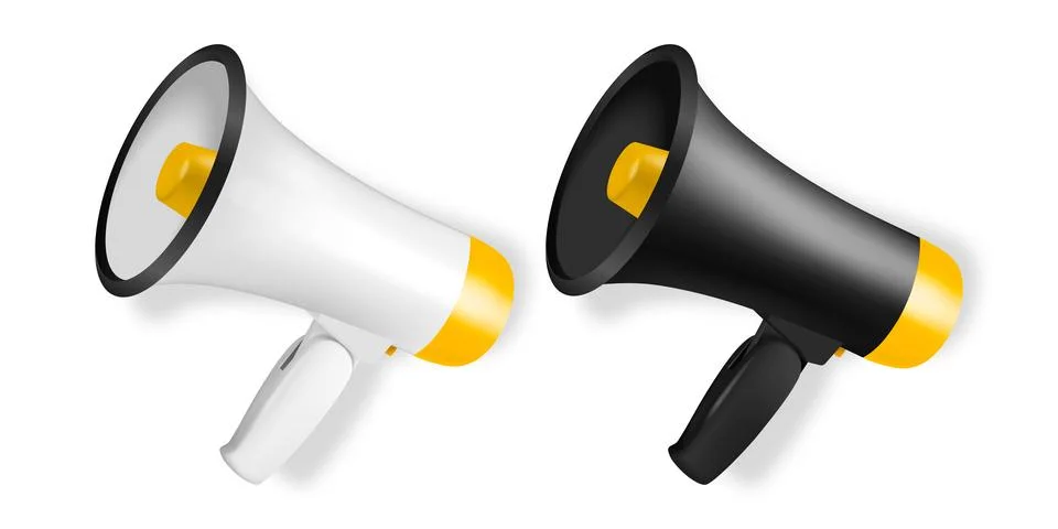 Vector Realistic 3d Simple White and Black Megaphone Icon Set Closeup Isolated Illustrazione stock