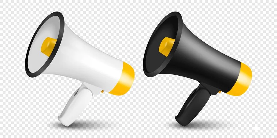 Vector Realistic 3d Simple White and Black Megaphone Icon Set Closeup Isolated Stock Illustration
