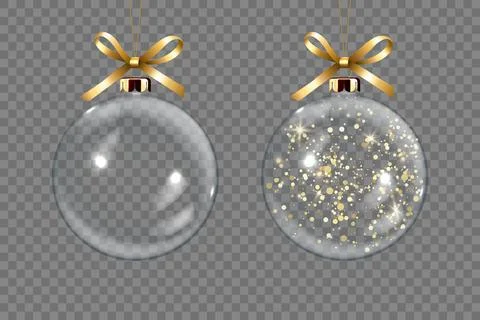 Vector Realistic 3d Transparent Christmas Glass Ball Set with Golden Glitter Stock Illustration
