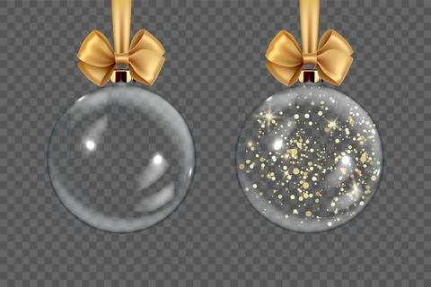 Vector Realistic 3d Transparent Christmas Glass Ball Set with Golden Glitter Stock Illustration