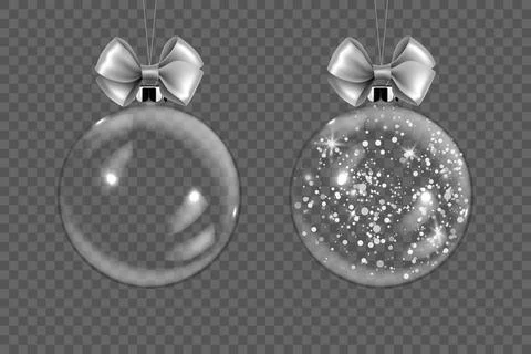 Vector Realistic 3d Transparent Christmas Glass Ball Set with Silver Glitter Stock Illustration