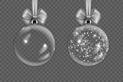 Vector Realistic 3d Transparent Christmas Glass Ball Set with Silver Glitter Stock Illustration