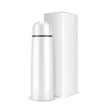 Vector realistic 3d wgite empty glossy metal vacuum thermo tumbler flask and box Illustrazione stock